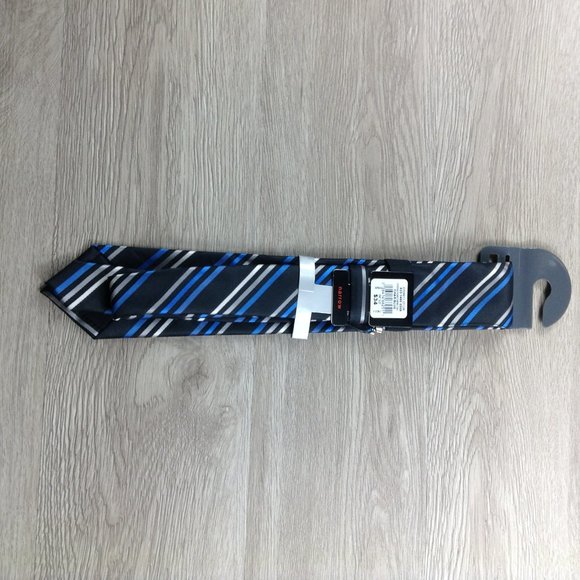 JF J. Ferrar Blue Striped Narrow Tie w/Silver Clip - Picture 2 of 3